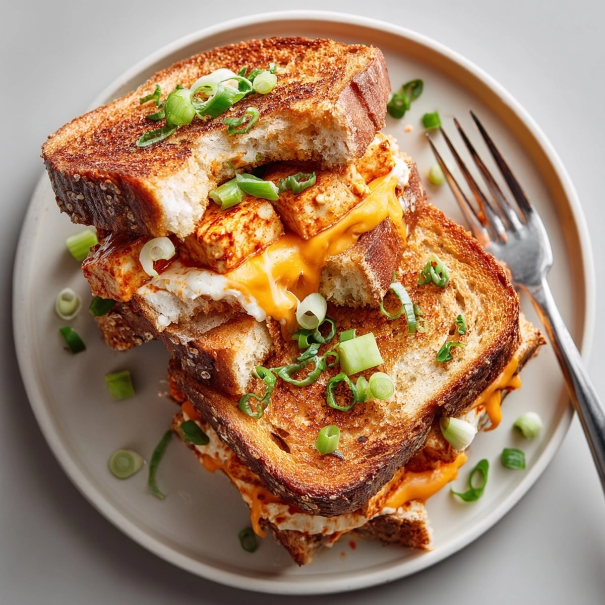 Imagine the spicy Tofu Buffalo Grilled Cheese, warm and comforting, ready to serve with melty cheese.