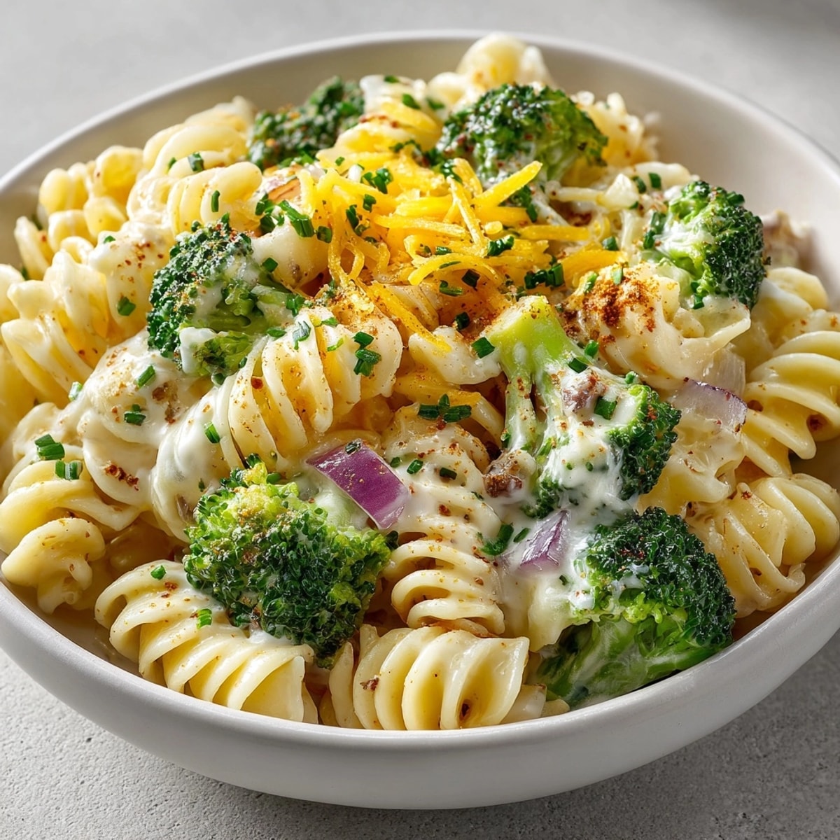 A steaming bowl of Witch Night Broccoli Cheddar Pasta, the creamy cheese sauce glistening and inviting.