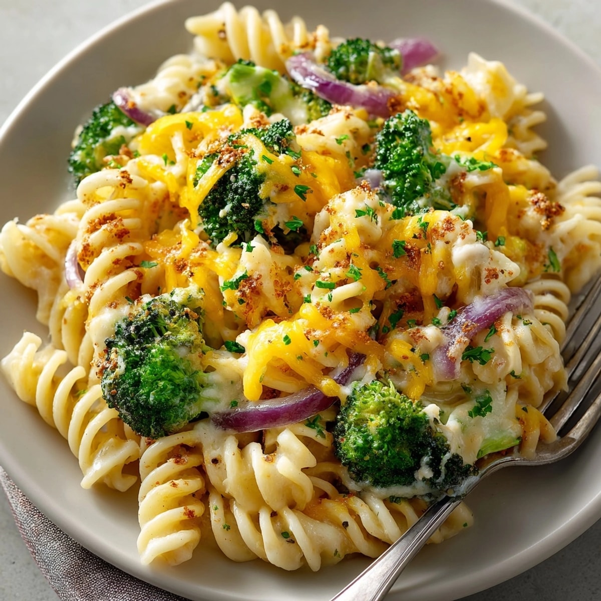 Close-up of Witch Night Broccoli Cheddar Pasta, featuring green broccoli florets in a rich, cheesy sauce.