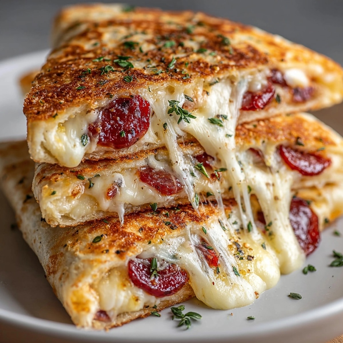 Golden, crispy Sweet Cherry Pepperoni Pizza Wraps, brimming with melted cheese and savory pepperoni.