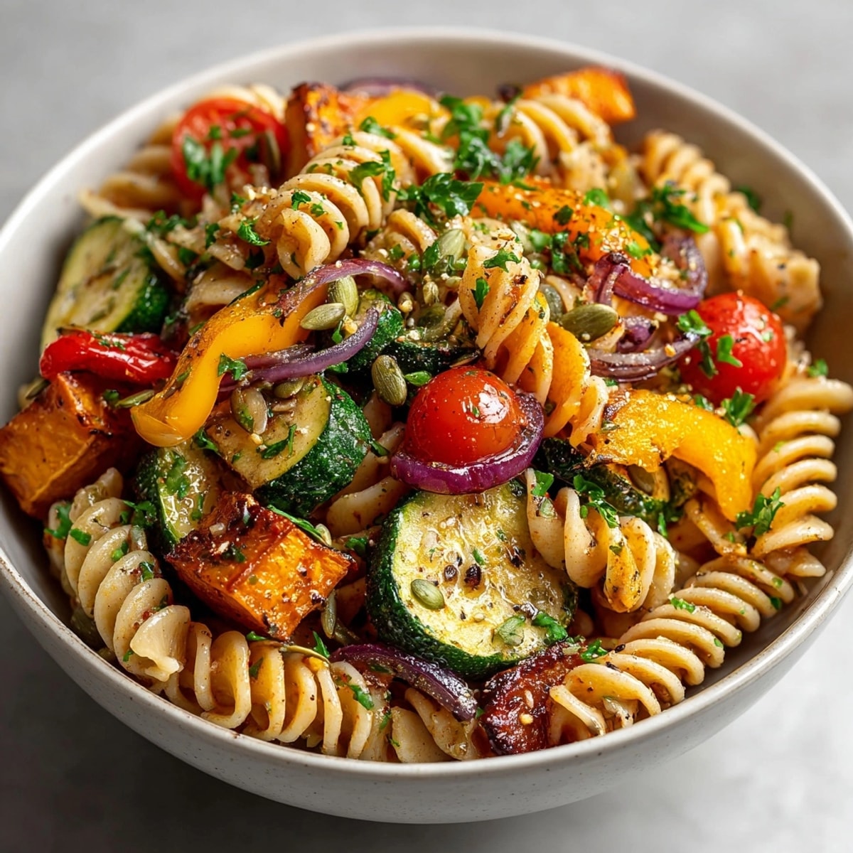 Vibrant Maple Roast Veggie Pasta Salad, a colorful and healthy dish with perfectly roasted vegetables.