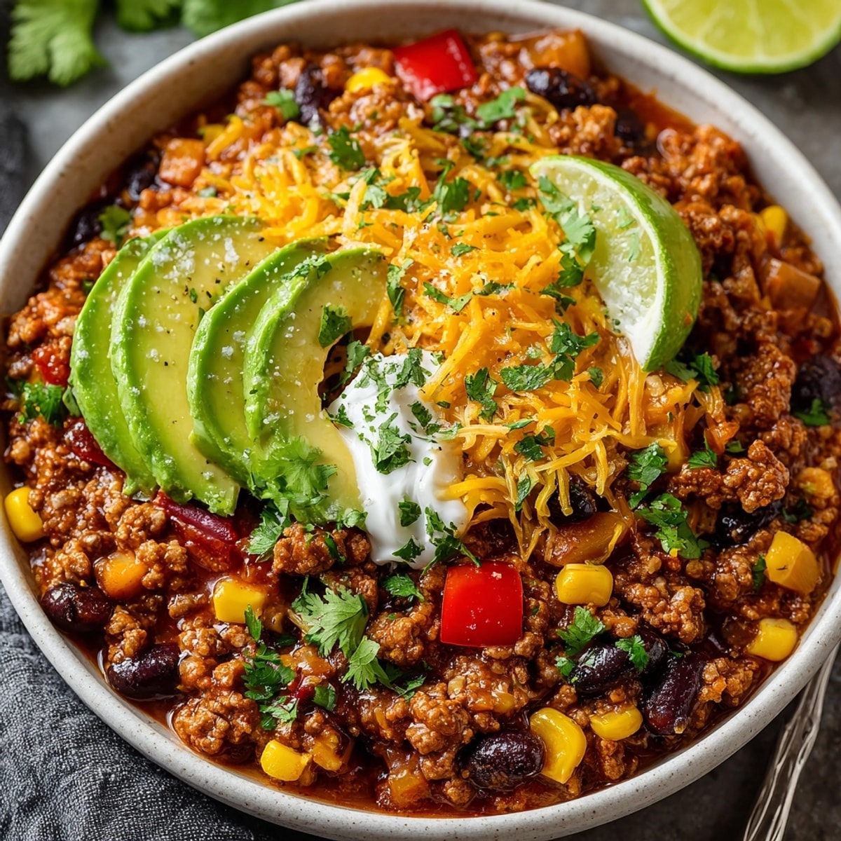 Ground turkey taco skillet simmering with vibrant vegetables, a quick and easy dinner.