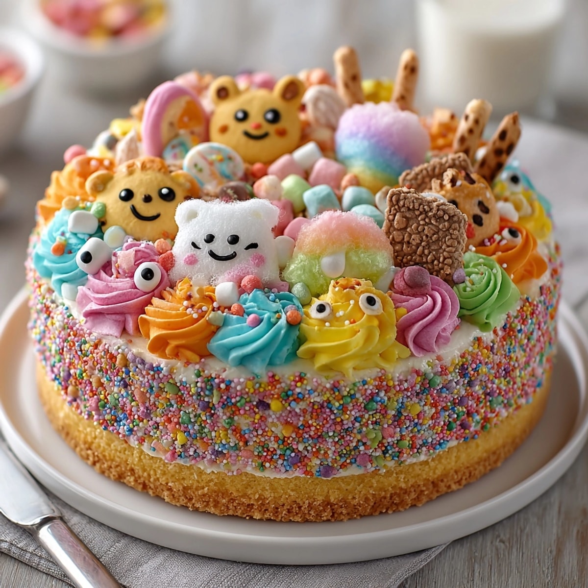 A vibrant, decorated Chaos Cake, brimming with colorful frosting and sweet, playful toppings.