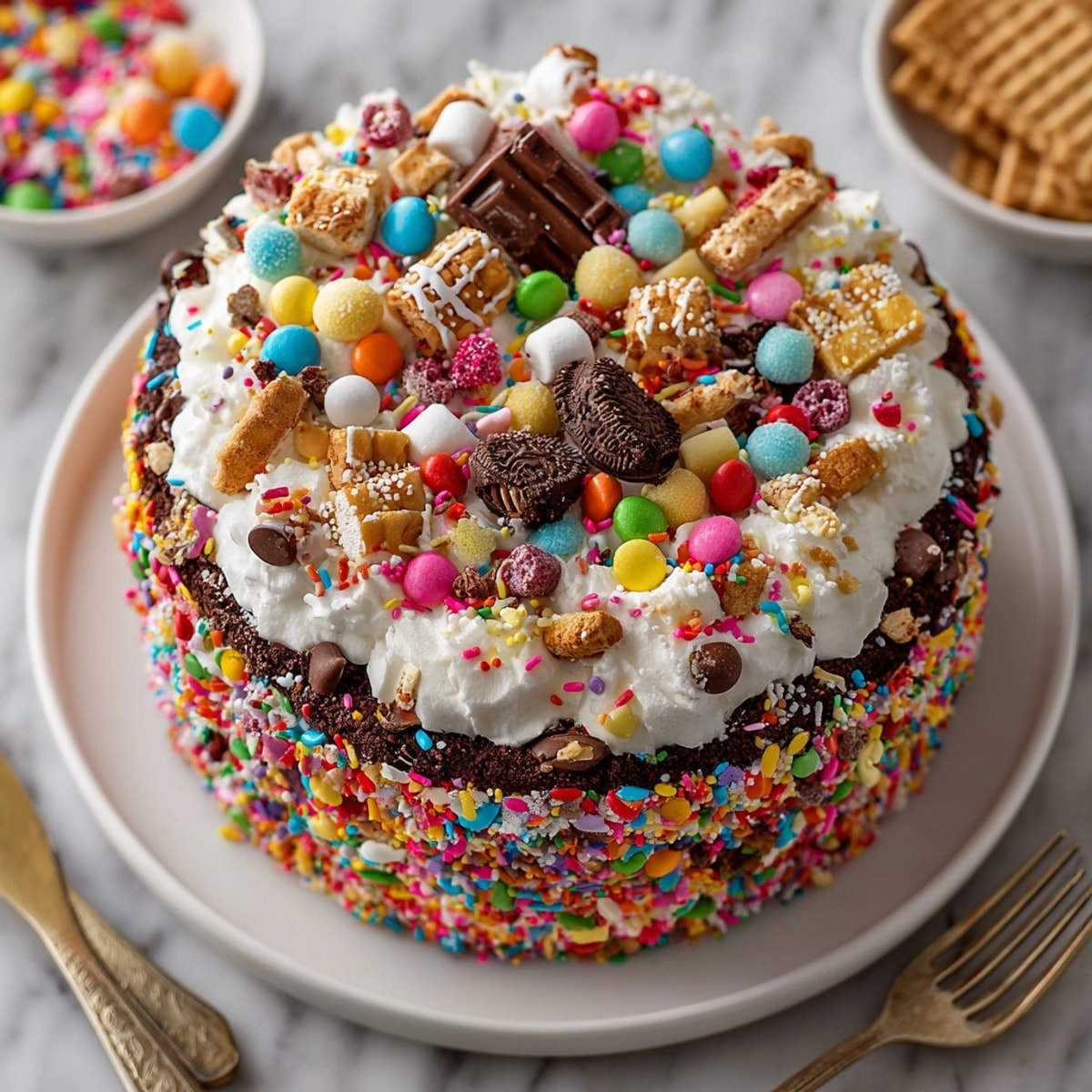 Homemade, eye-catching Chaos Cake, piled high with sprinkles and goodies, perfect for your next celebration.