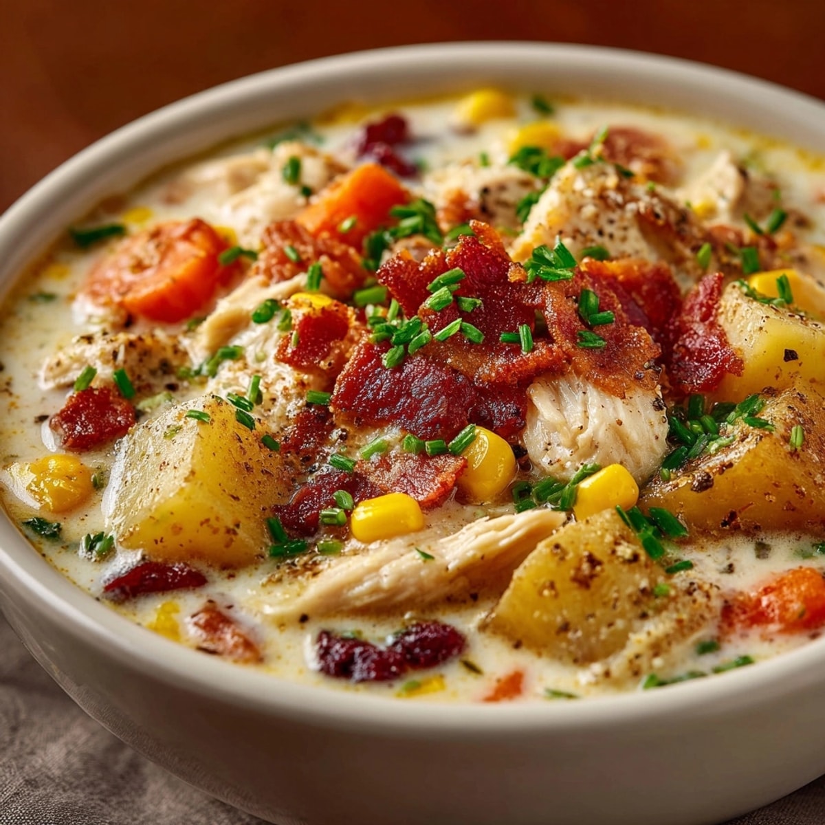 Steaming bowl of creamy chicken and corn chowder, thick and rich, ready to serve.