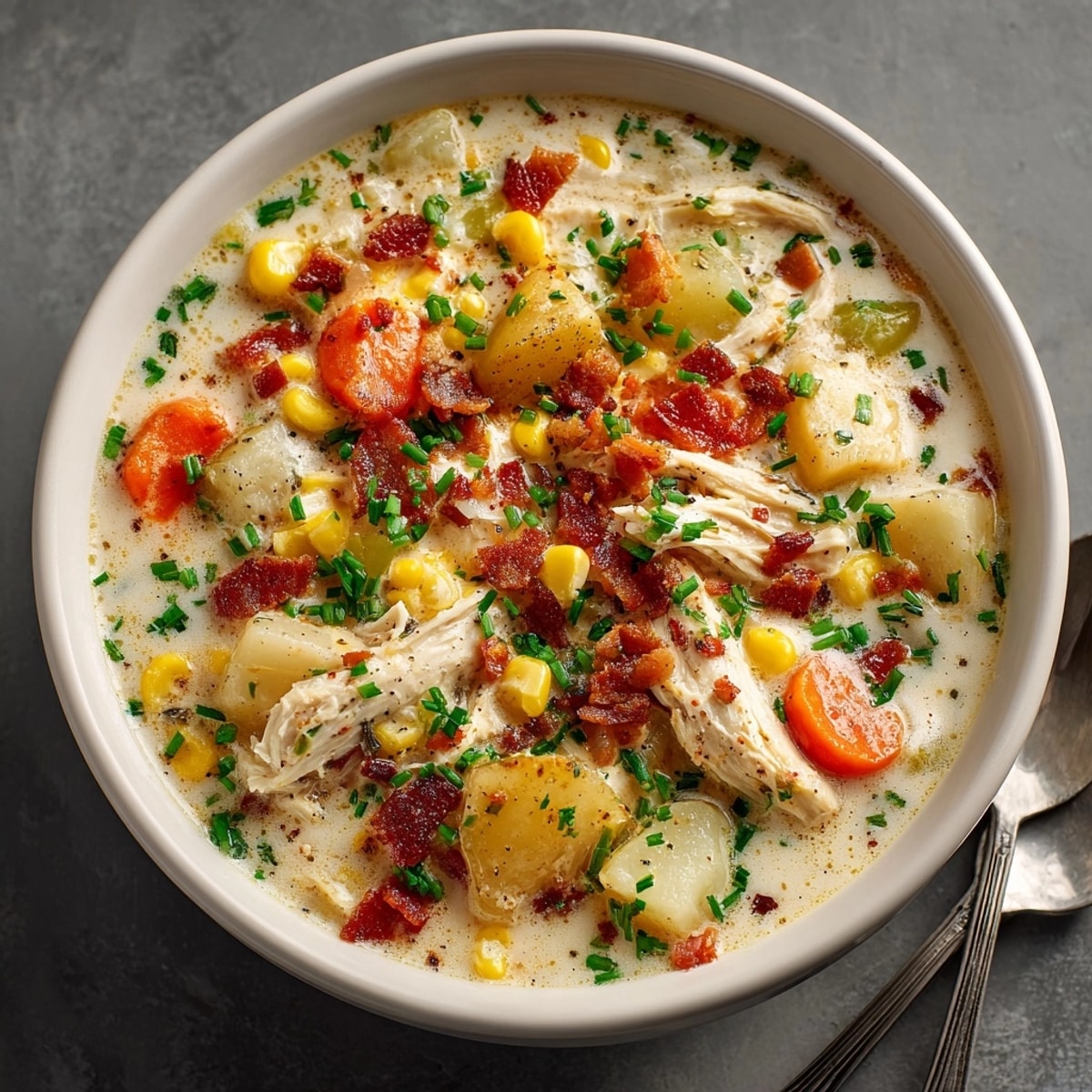 Delicious, golden-hued creamy chicken and corn chowder garnished with fresh herbs, a comforting meal.