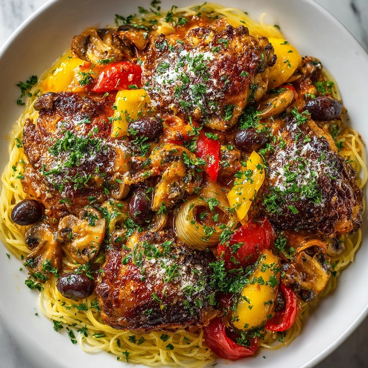 Chicken Cacciatore with pasta, a hearty Italian meal: juicy chicken in a rich tomato sauce.