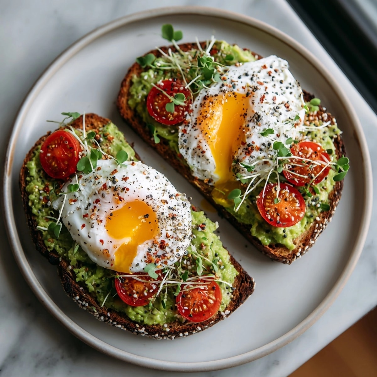 Golden, toasted bread topped with creamy avocado and a generous sprinkle of everything seasoning.
