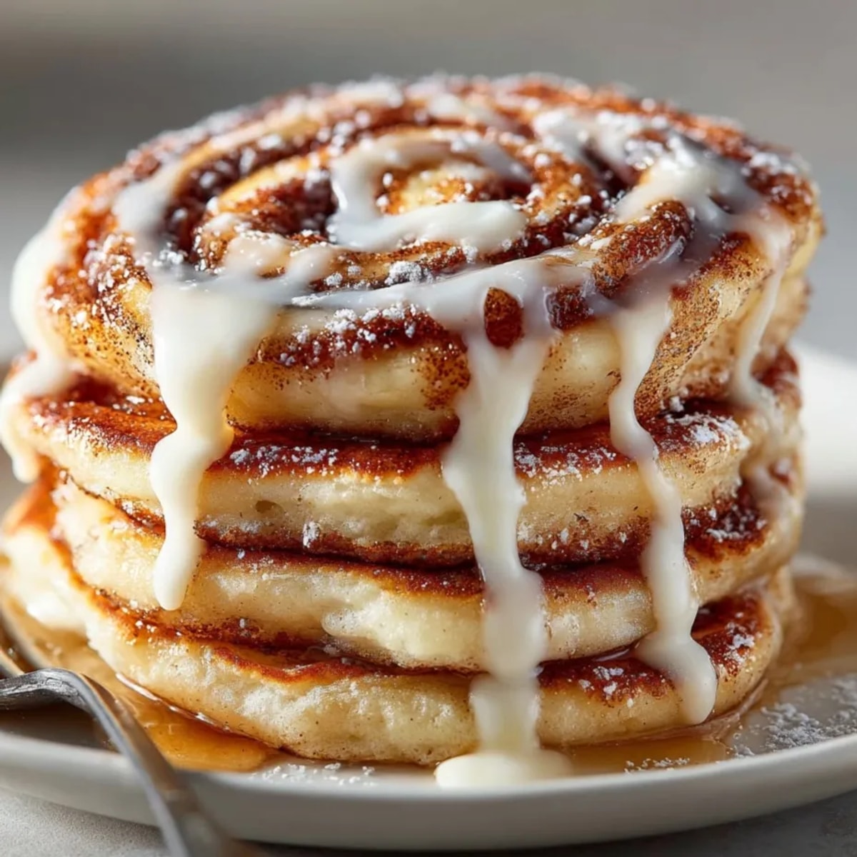 Cinnamon roll pancakes stacked on a plate, oozing cinnamon-sugar filling and creamy glaze.