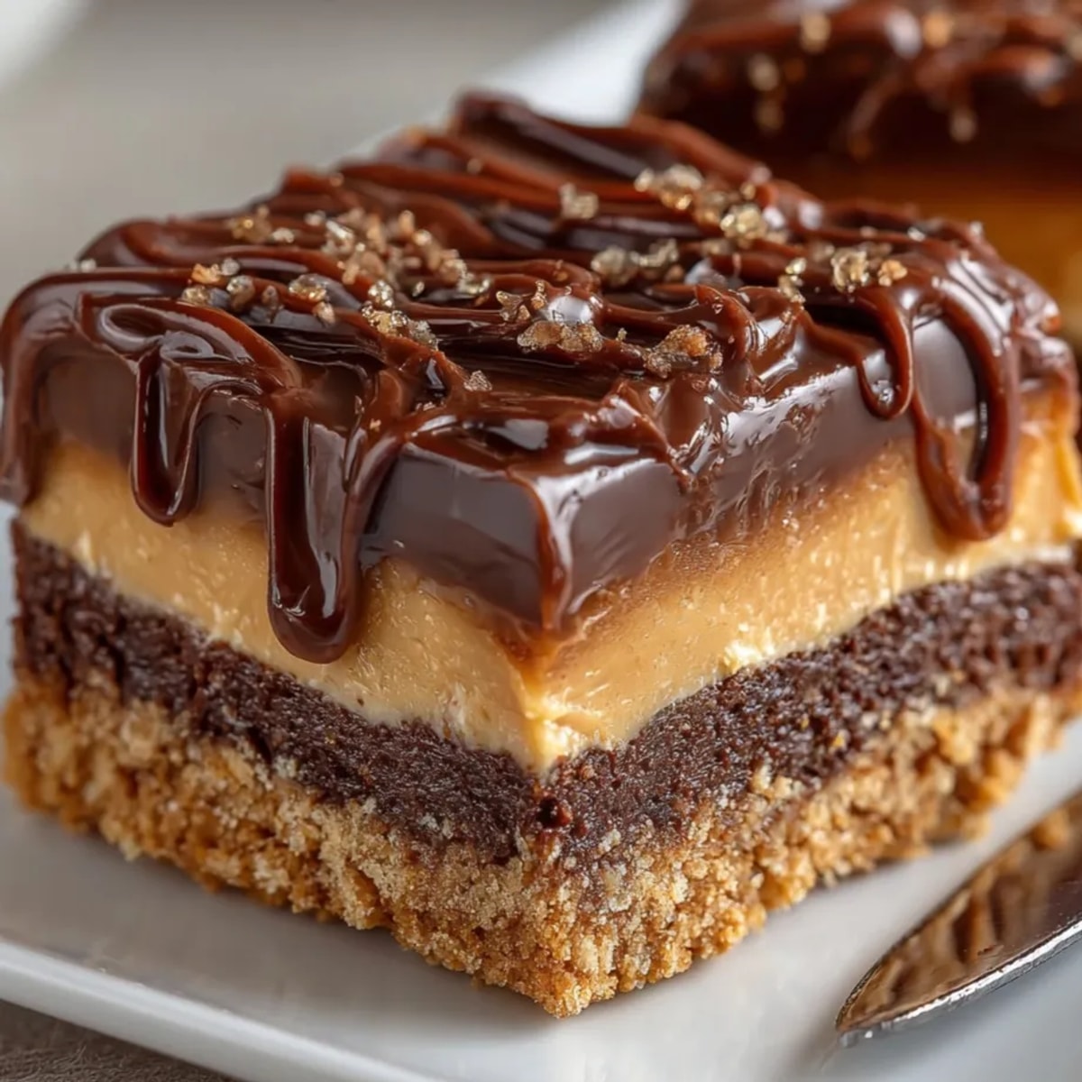 Peanut Butter Chocolate Bars sliced into squares with glossy chocolate and creamy peanut butter layers.