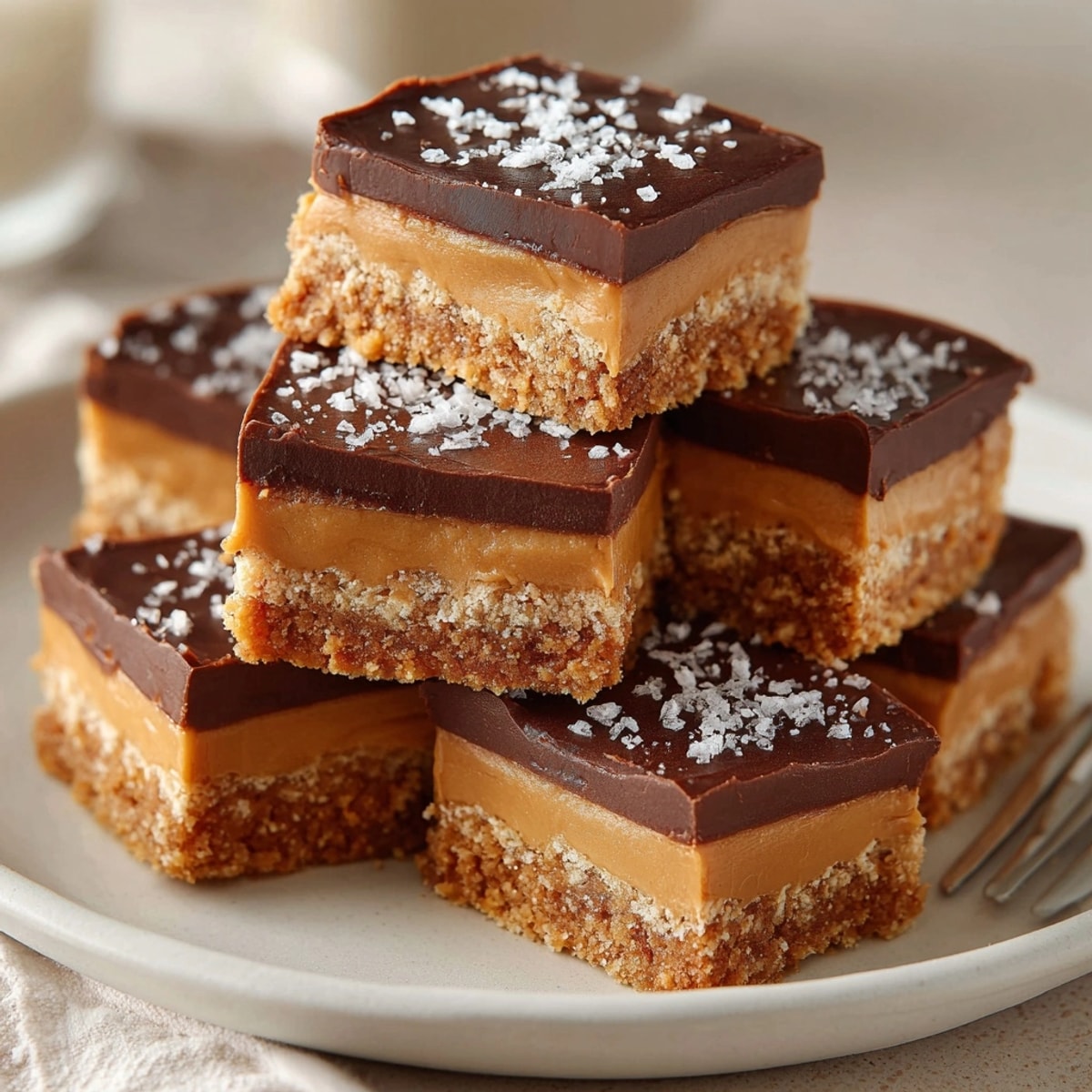 Chewy Peanut Butter Chocolate Bars stacked on a plate, perfect for a quick homemade dessert.