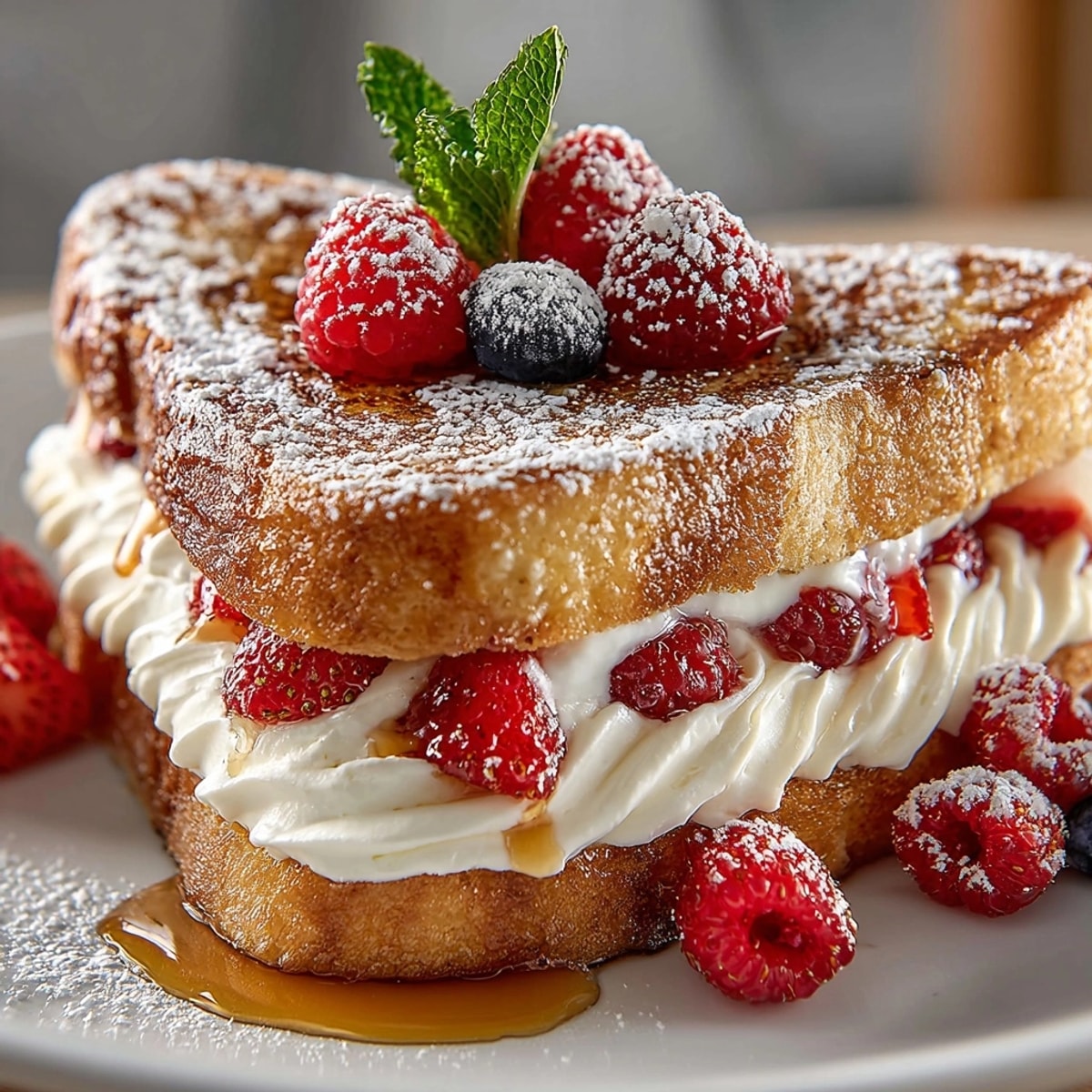 Ricotta Stuffed French Toast stacked on a plate with maple syrup and fresh berries glistening.