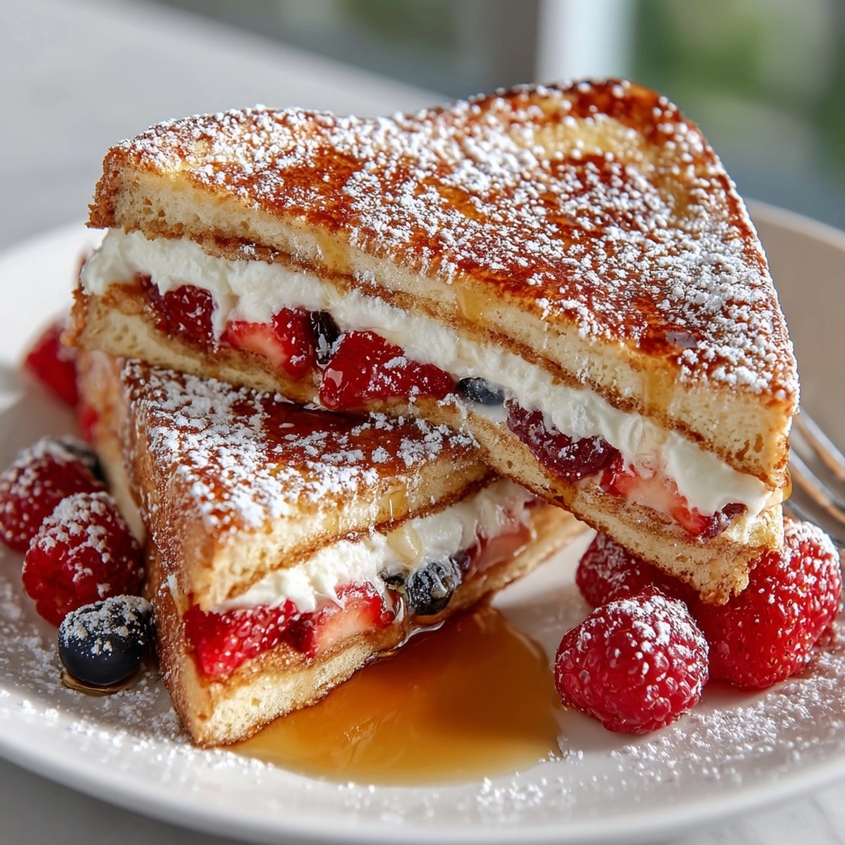 Golden-brown Ricotta Stuffed French Toast dusted with powdered sugar, ready for brunch serving.