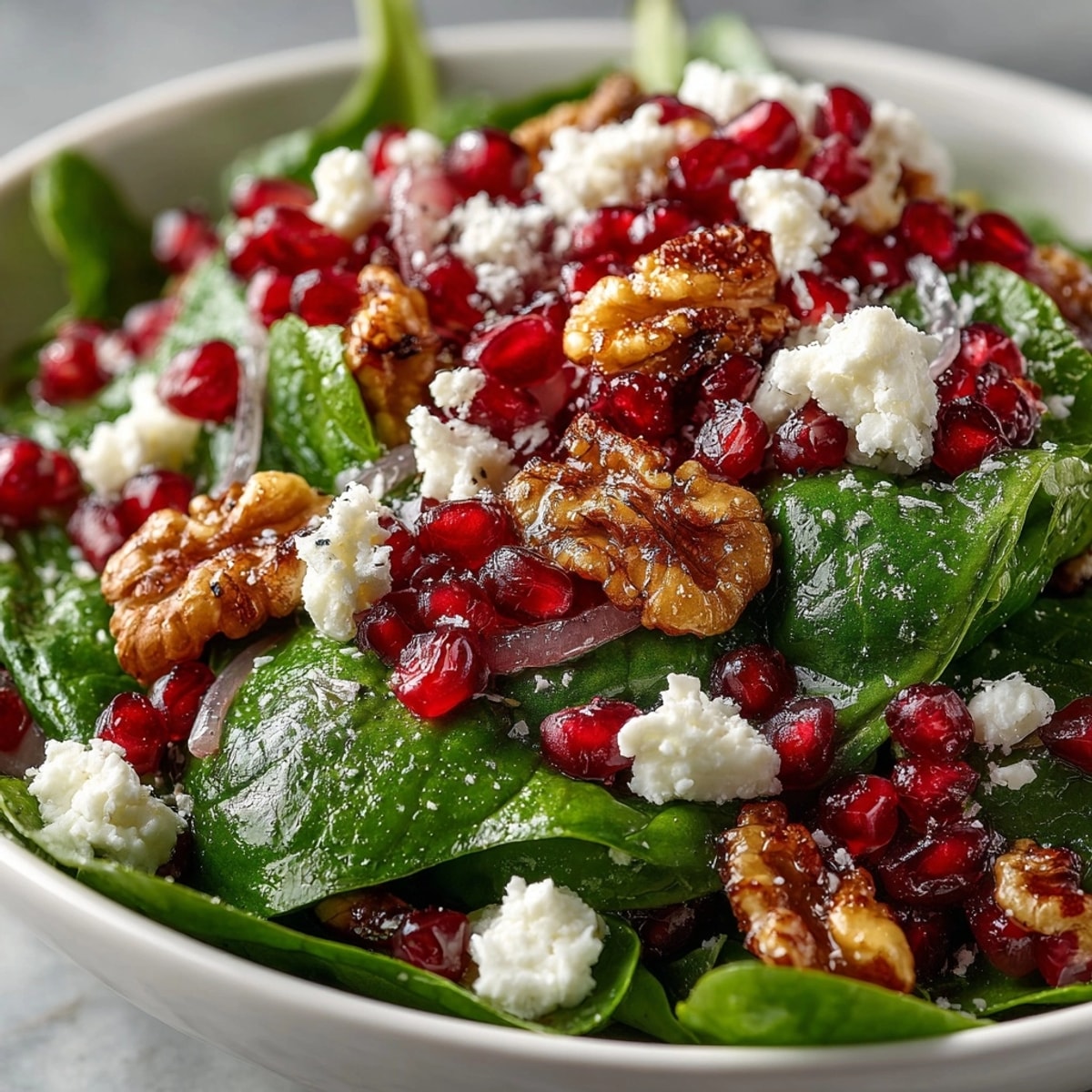 Pomegranate Spinach Salad with feta cheese, walnuts, and homemade vinaigrette on a rustic table.
