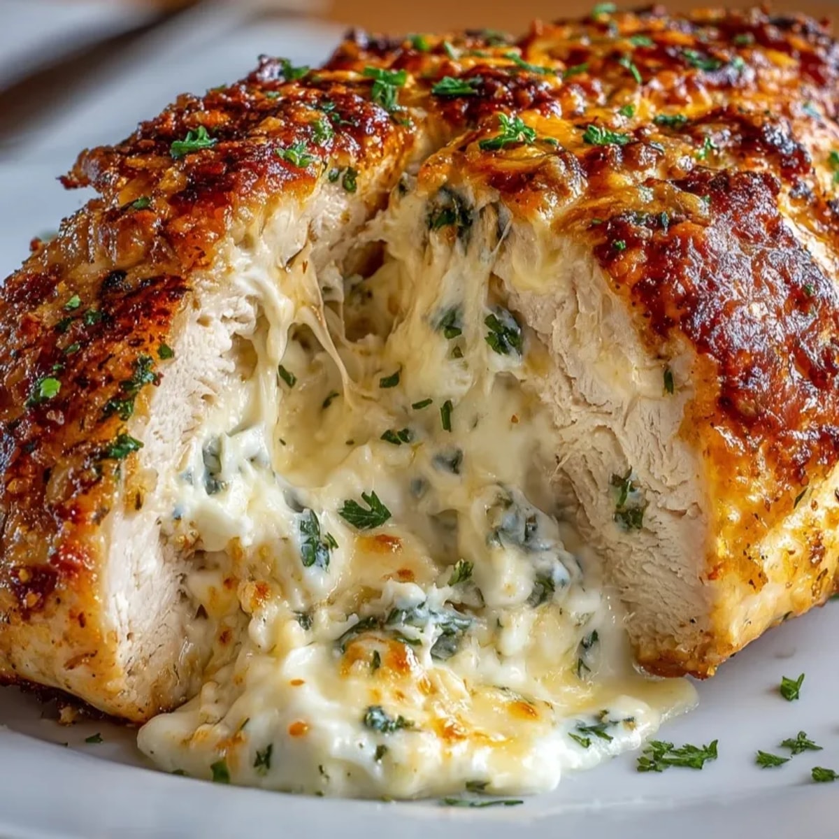 Stuffed cheese chicken breast sliced open to reveal melty cheese herbs, served hot.
