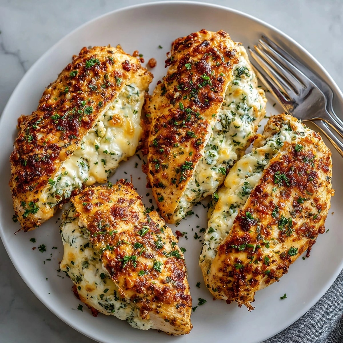 Juicy stuffed cheese chicken breast resting in a baking dish with cheesy filling visible.