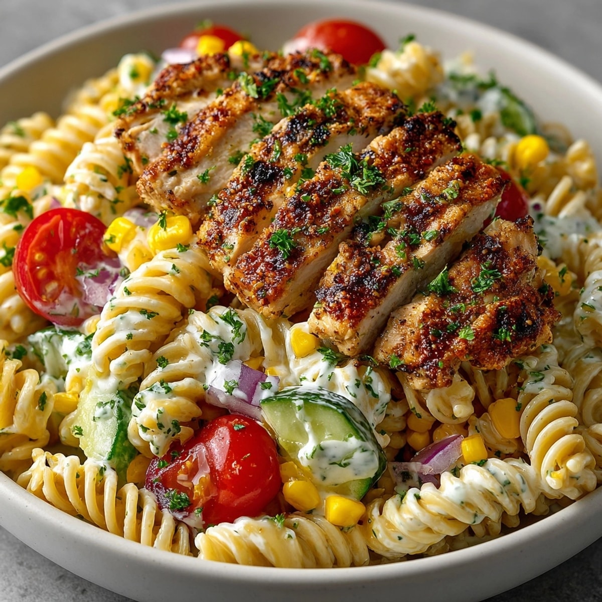 Colorful Cajun Chicken Pasta Salad piled high with creamy dressing and crisp vegetables, ready to serve.