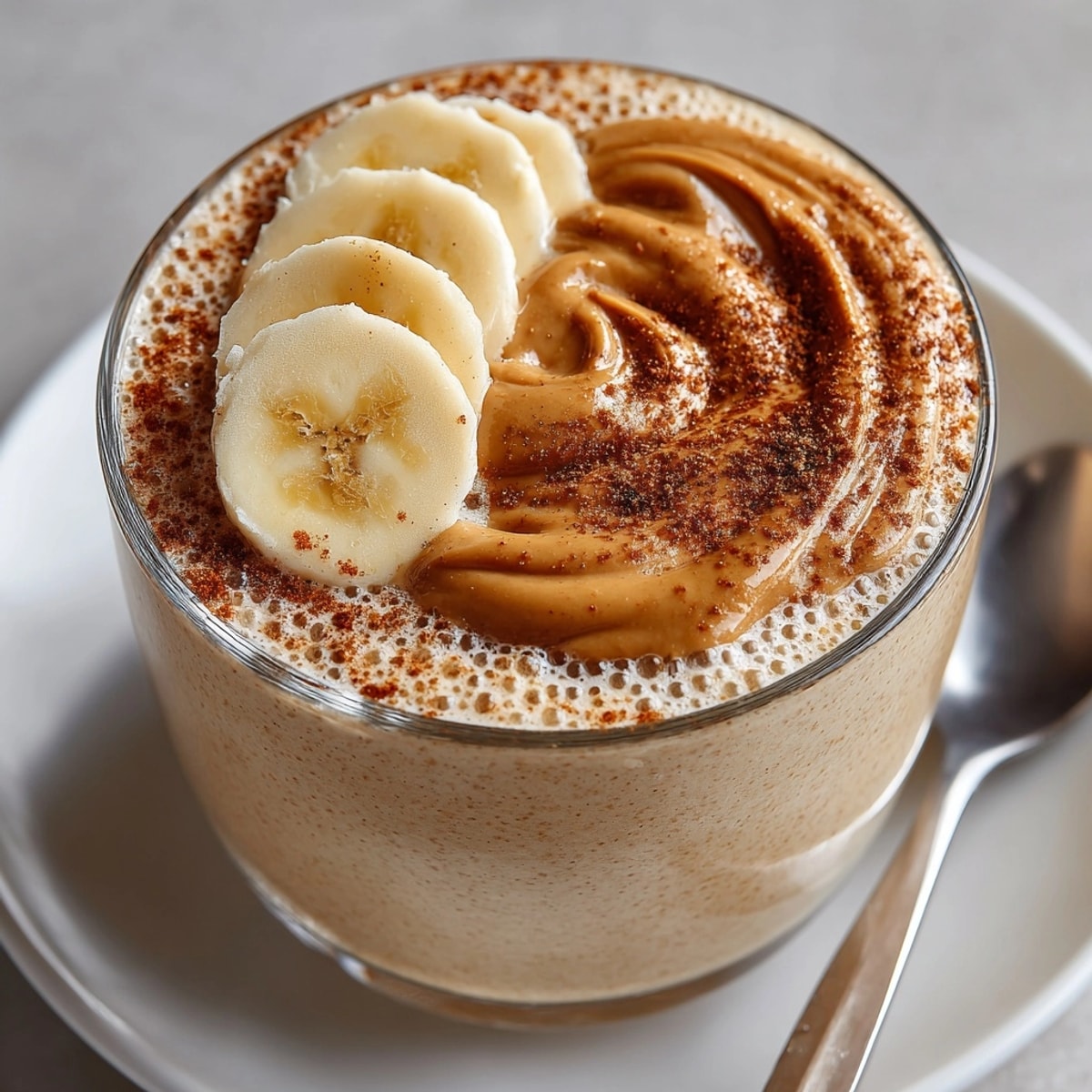 Creamy peanut butter banana smoothie in a glass, topped with fresh banana slices.