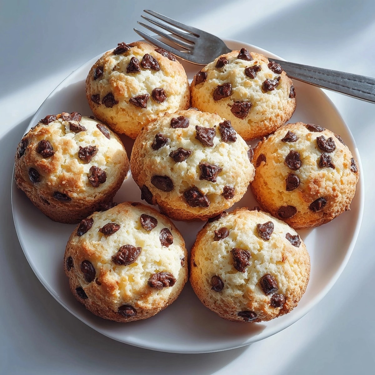 Close-up of ricotta chocolate chip cookies, revealing tender crumb and decadent chocolate pieces throughout.