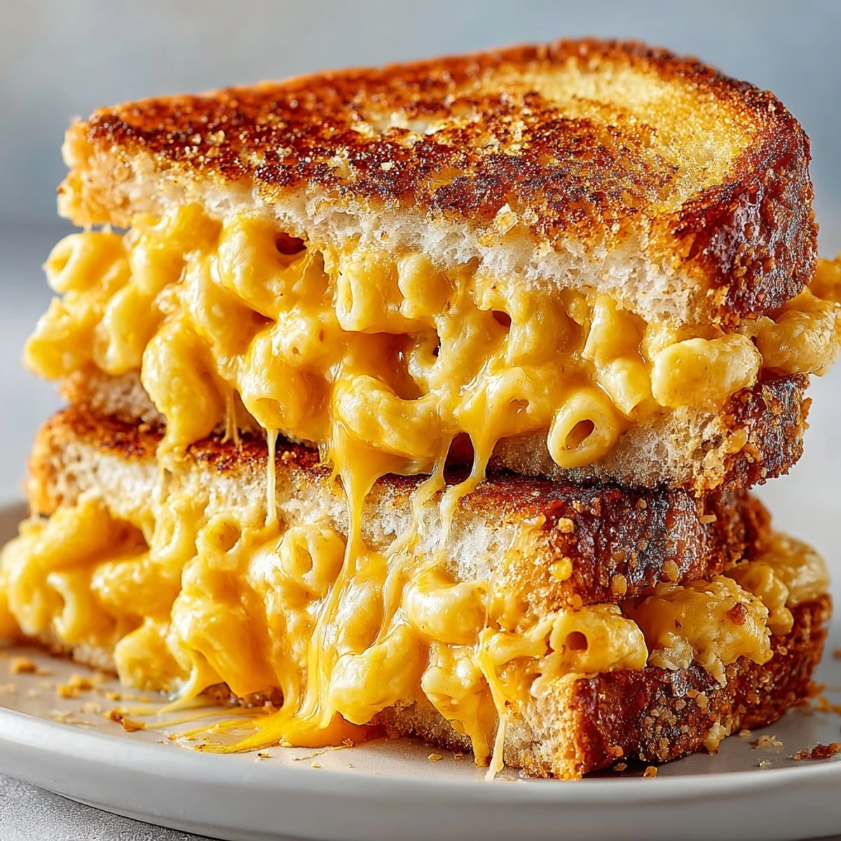 Golden, buttery Mac and Cheese Grilled Cheese sandwich with oozing cheddar and creamy macaroni inside.