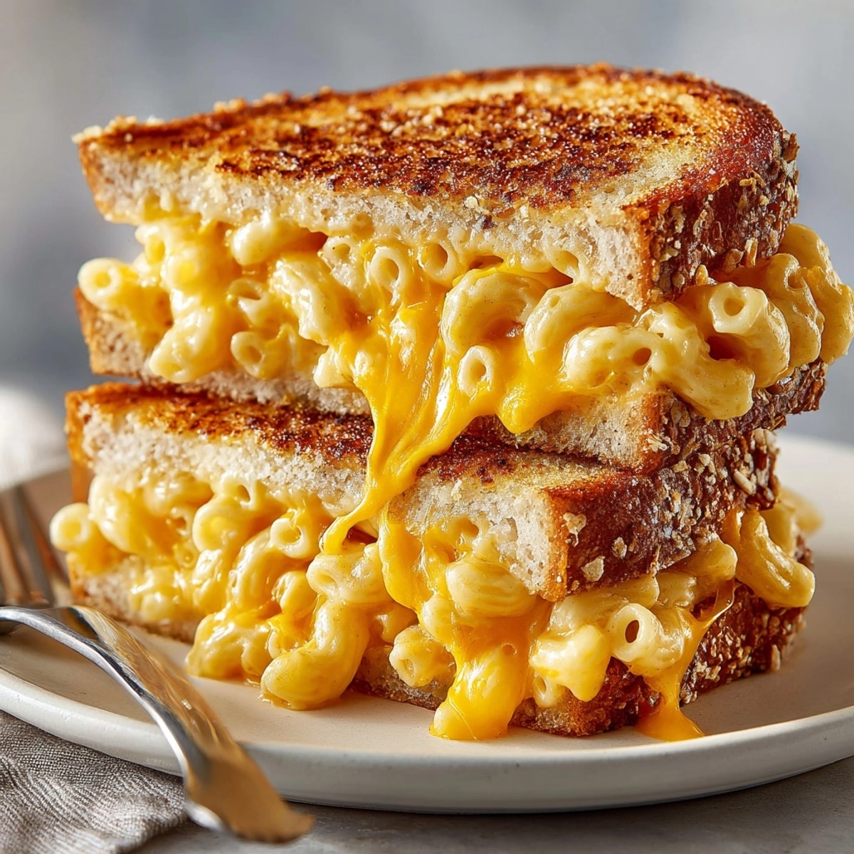 Close-up of a Mac and Cheese Grilled Cheese sliced in half, revealing gooey pasta filling.