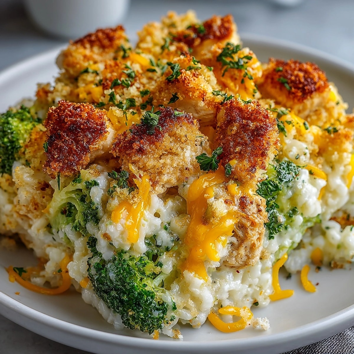 Broccoli, Rice, Cheese, and Chicken Casserole fresh from the oven with golden bubbly cheddar topping.