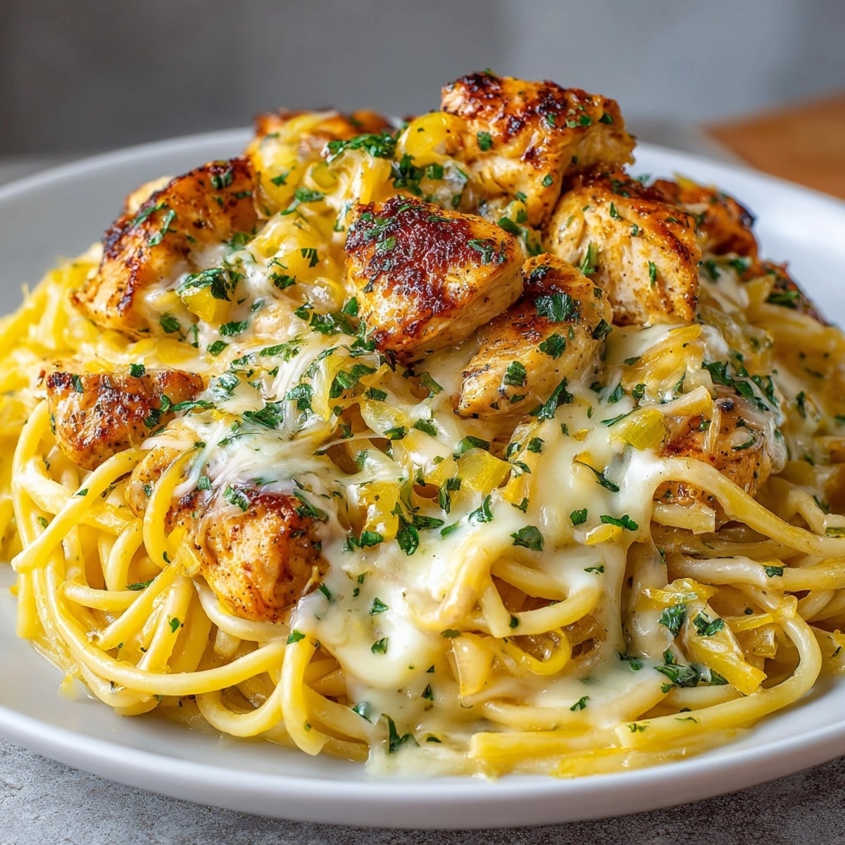 Monterey Chicken Spaghetti topped with melted Monterey Jack cheese and fresh parsley, ready to serve.