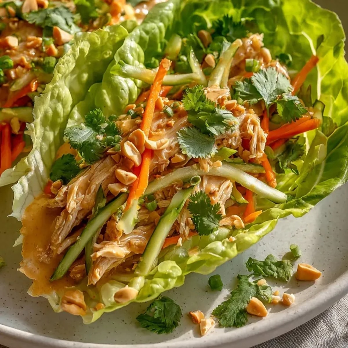 Thai Peanut Chicken Lettuce Wrap Tacos filled with juicy chicken, crunchy veggies, and fresh cilantro garnish