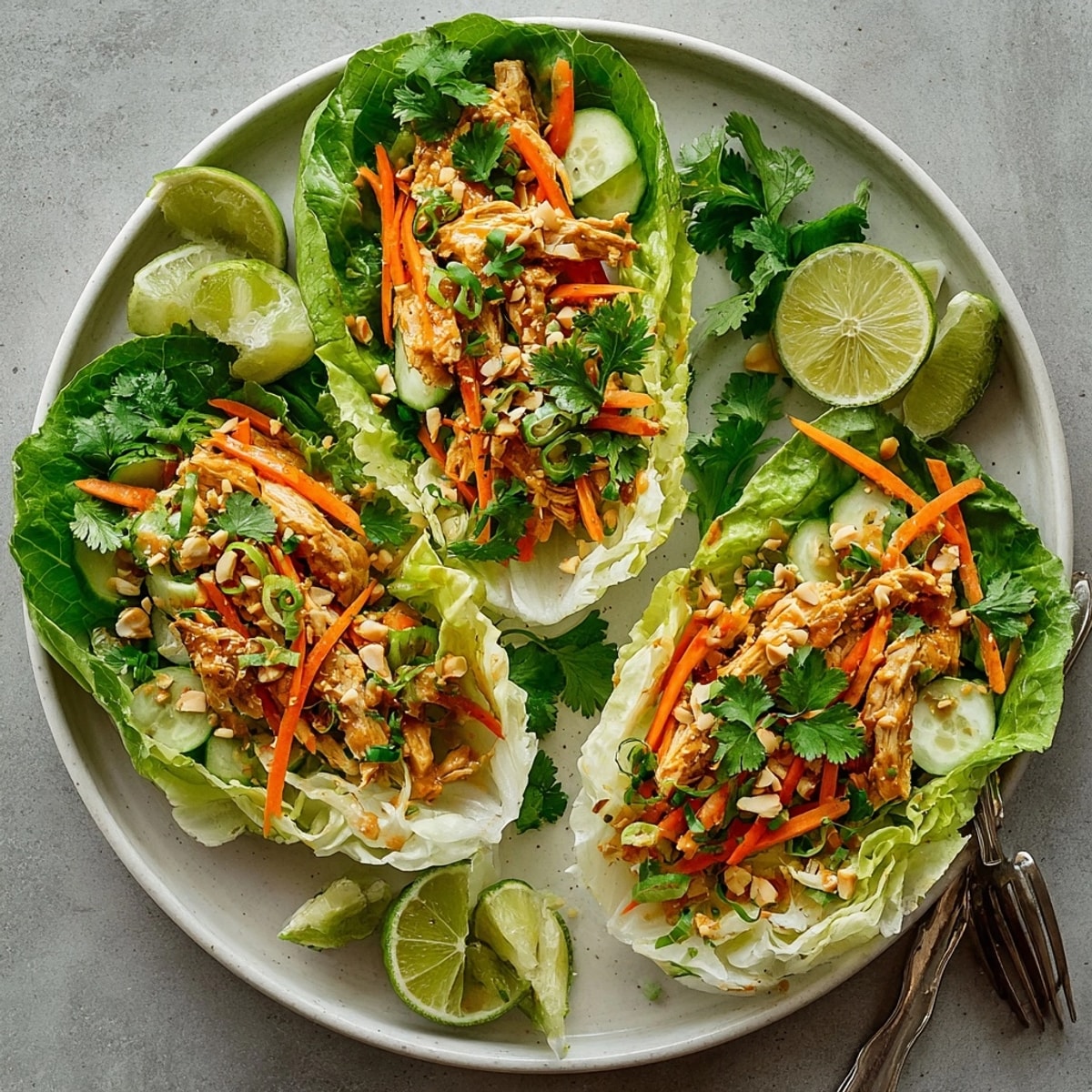 Thai Peanut Chicken Lettuce Wrap Tacos served with lime wedges and topped with roasted peanuts for extra crunch