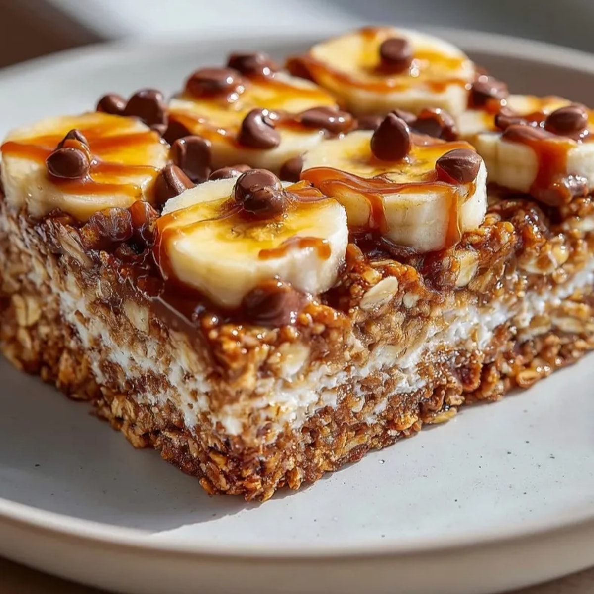 Freshly baked peanut butter banana protein bars cooling on a tray, studded with chocolate chips.
