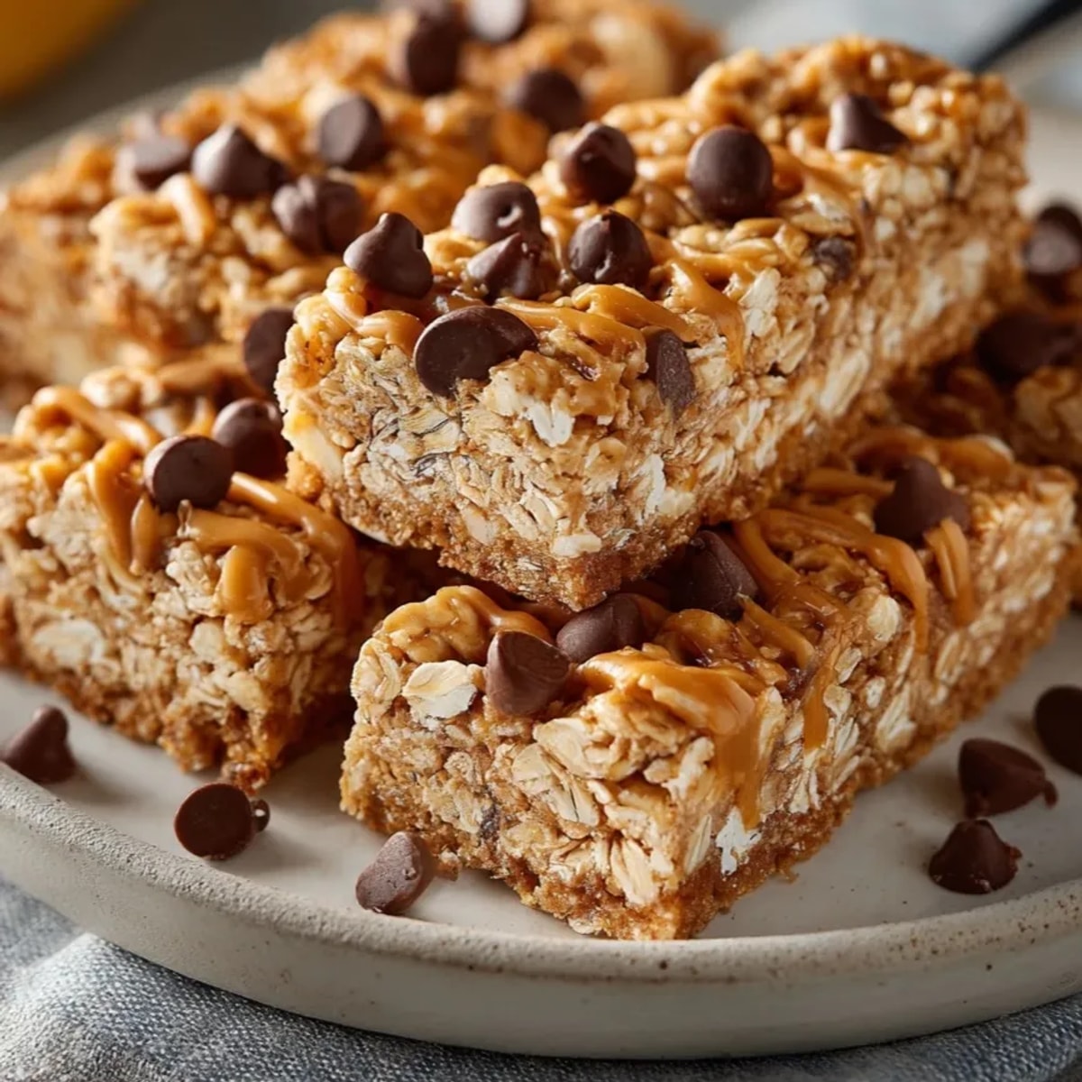 Close-up of chewy peanut butter banana protein bars, perfect for post-workout snacking or breakfast.