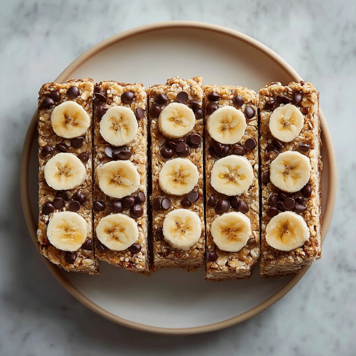 Peanut butter banana protein bars sliced and stacked, highlighting moist texture and hearty ingredients.