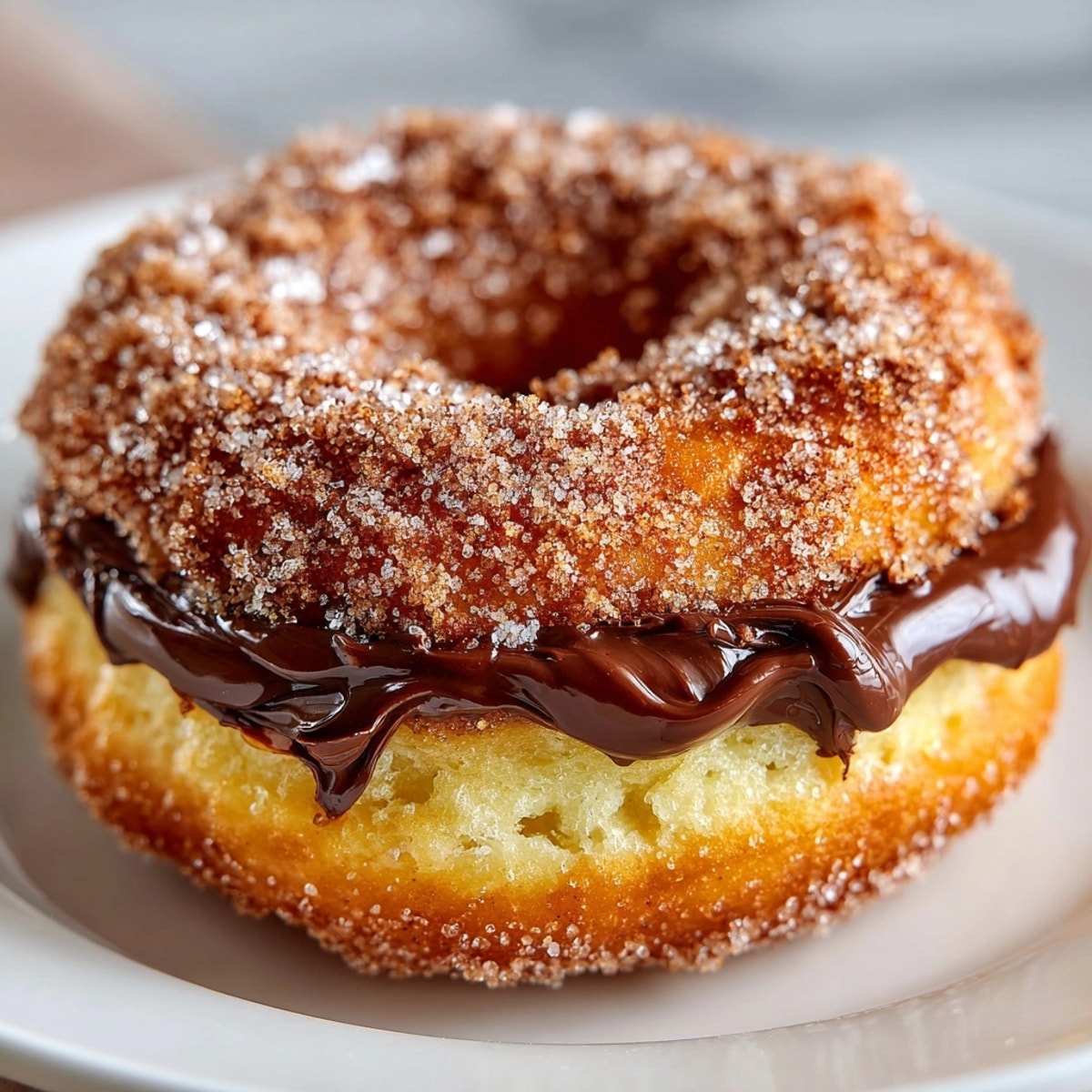 Air fryer Nutella donuts stacked on a plate, showcasing golden, sugar-coated pastry and oozing chocolate.
