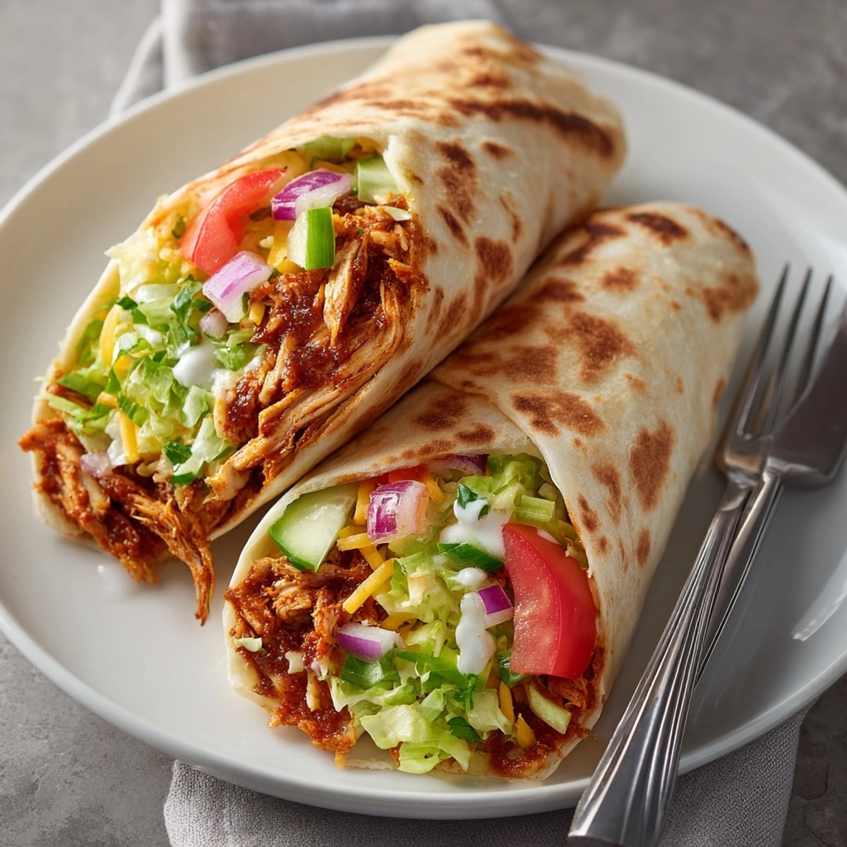 Chicken wraps in 5 minutes sliced open to reveal juicy chicken, crisp veggies, and creamy sauce.