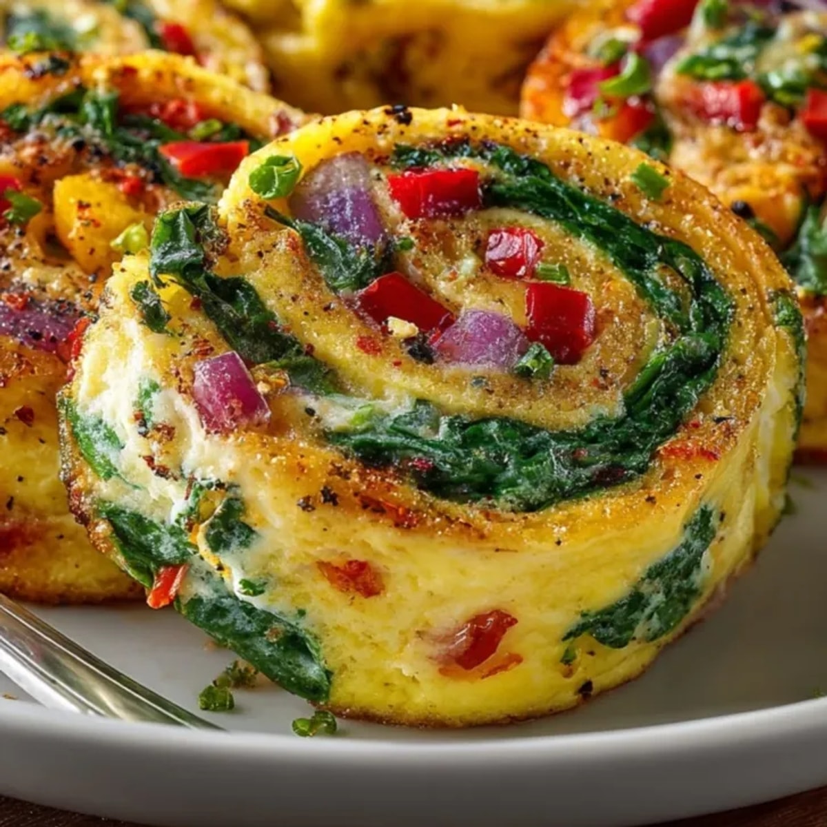 Veggie Omelette Roll-Ups sliced on a plate, showcasing fluffy eggs and vibrant sautéed vegetables.