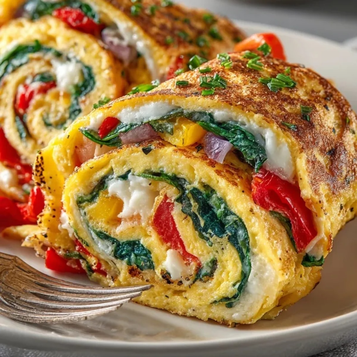 Colorful Veggie Omelette Roll-Ups arranged as a grab-and-go breakfast, warm and ready to eat.