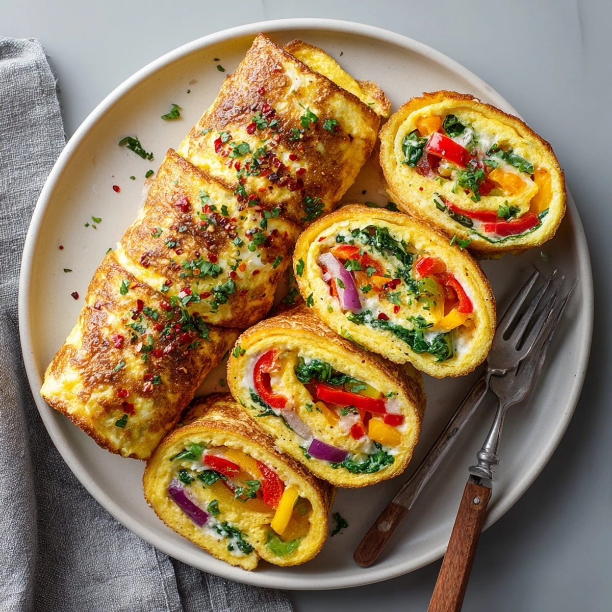 Freshly made Veggie Omelette Roll-Ups with melted cheese, perfect for a healthy low-carb snack.