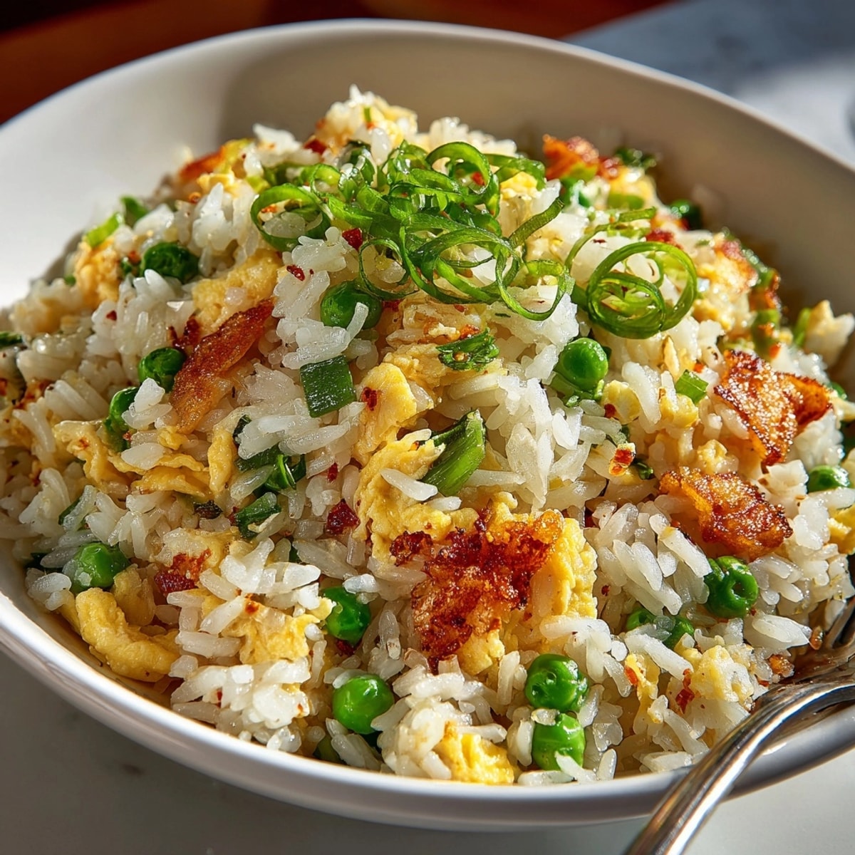 Instant Egg Fried Rice in a wok with golden scrambled eggs and bright spring onions, steaming hot.