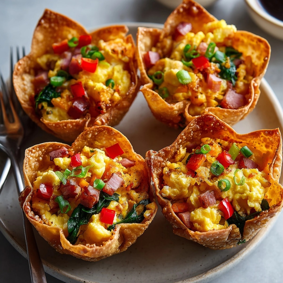 Golden breakfast egg roll cups bursting with cheesy eggs, spinach, and veggies, fresh from the oven