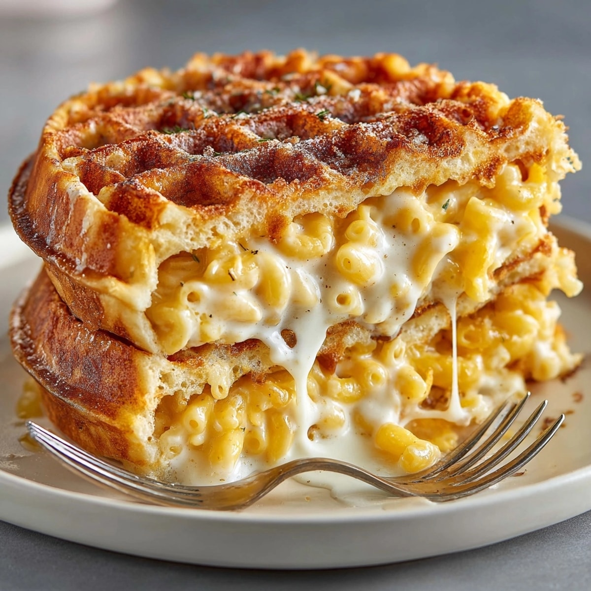 Mac and Cheese Stuffed Waffles stacked on a plate, crispy outside with gooey, cheesy filling.