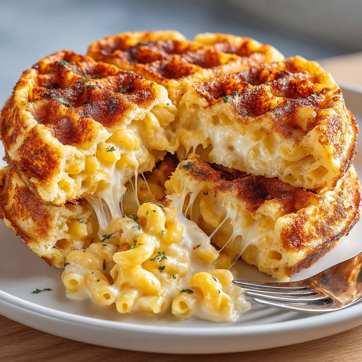 Close-up of golden mac and cheese stuffed waffles, fresh from the waffle iron, perfect for brunch.