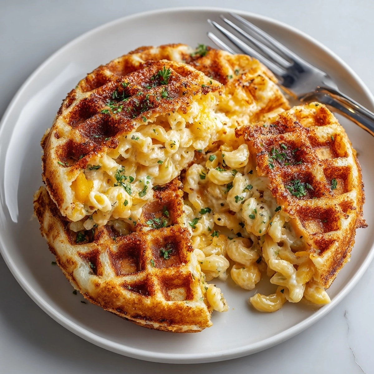 Homemade mac and cheese stuffed waffles served hot, savory aroma and creamy cheese oozing out.