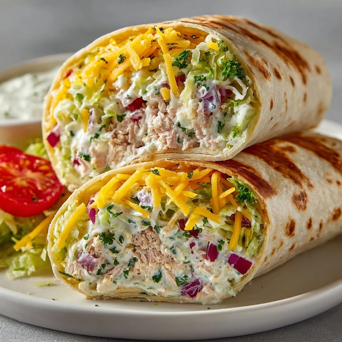 Avocado Ranch Tuna Wraps cut in half, showing creamy tuna filling and fresh veggies.