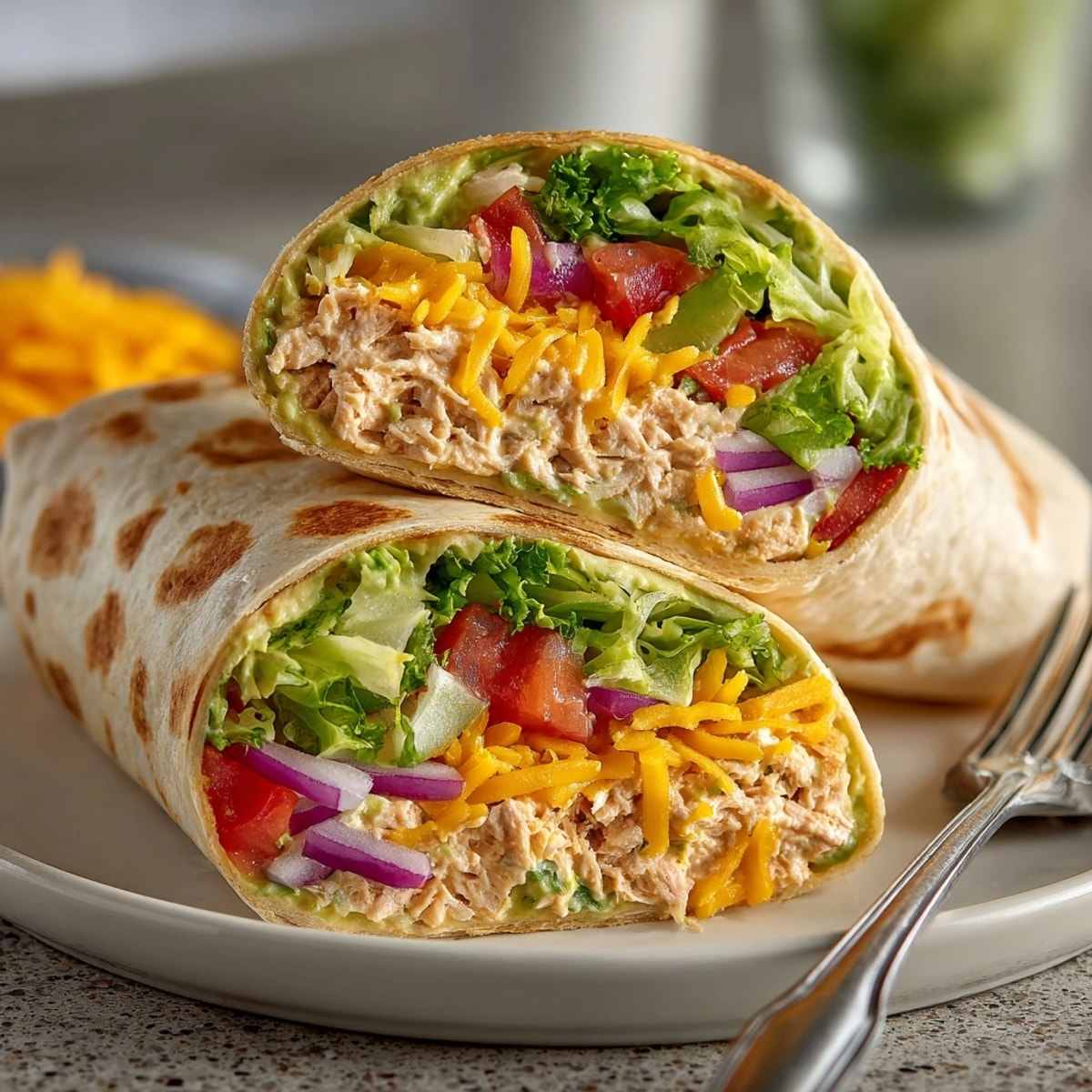 Closeup of Avocado Ranch Tuna Wraps on a plate, ready for a quick, healthy lunch.
