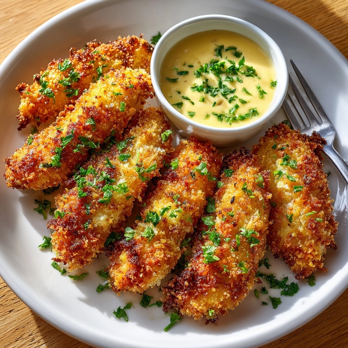 Golden-brown Parmesan chicken tenders served with silky Alfredo sauce, perfect for dipping at dinner.
