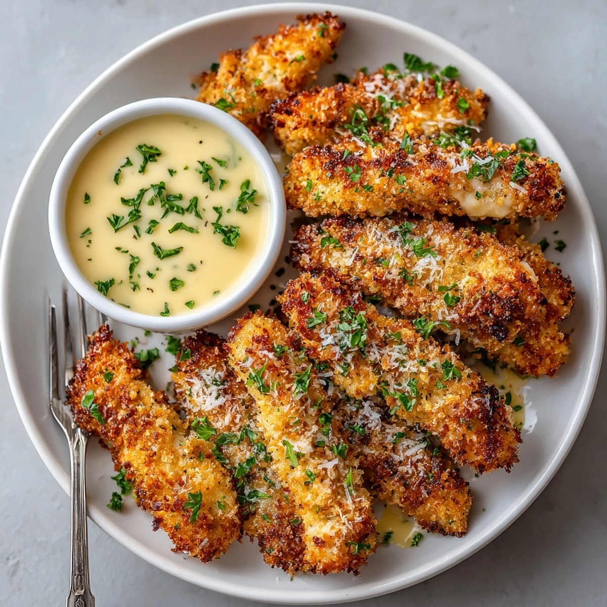 Oven-baked Parmesan Chicken Alfredo Tenders arranged on a tray, crunchy coating glistening beside sauce.