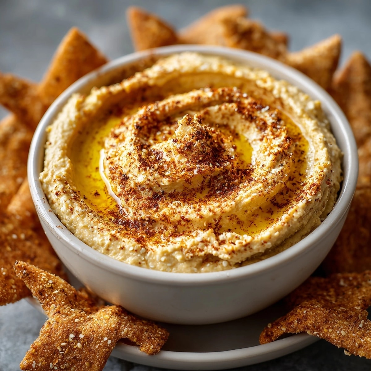 Creamy, spiced Pumpkin Spice Hummus in a bowl, surrounded by crispy bat-shaped pita chips.