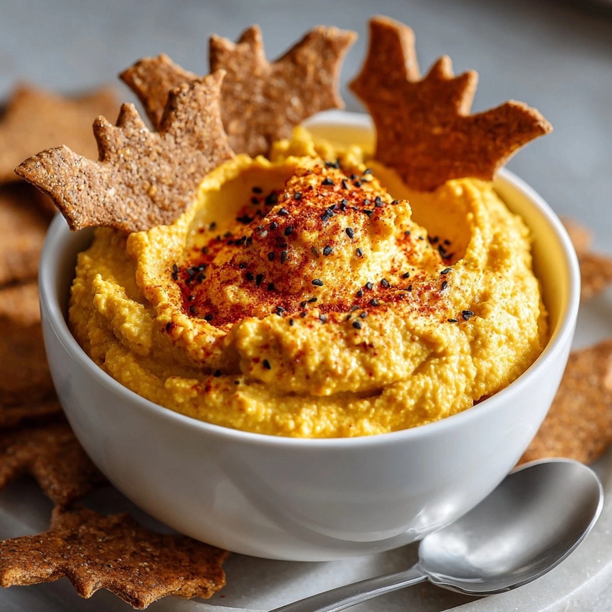 Homemade Pumpkin Spice Hummus ready to dip: inviting autumn flavors with festive Halloween shapes.