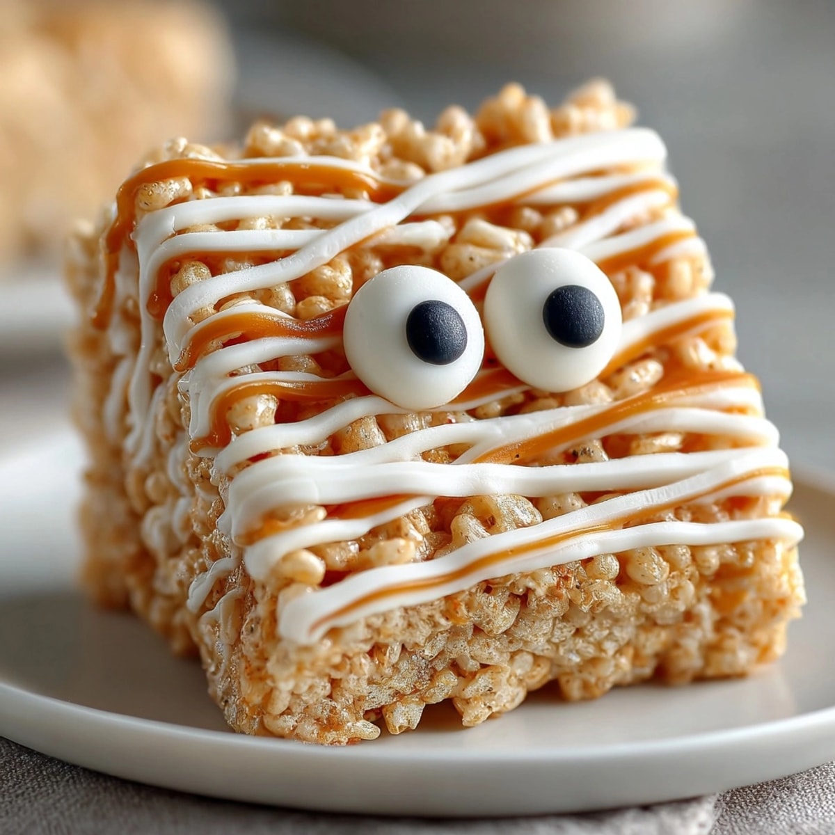Close-up of festively decorated Mummy Rice Krispie Treats, eyes peering from white chocolate wraps.