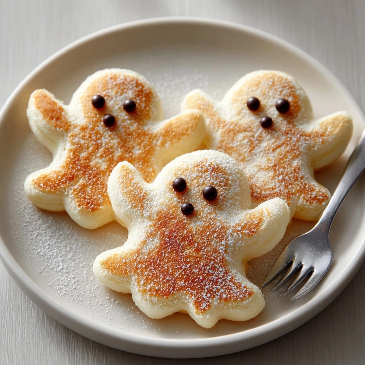 Golden ghost pancakes with powdered sugar stencils, a festive and delicious breakfast treat.